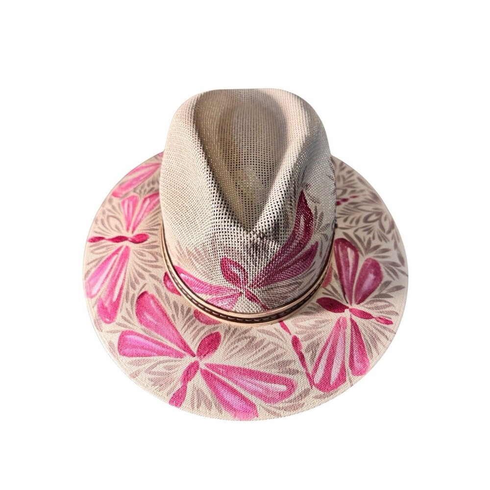 Mexican Artisanal Hand Painted Fedora Hat Pink Dragonfly-Beige M - Picture 5 of 16